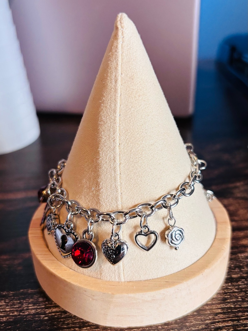 Silver-Tone Heart Lock &‎ Red Crystal Charm Bracelet
